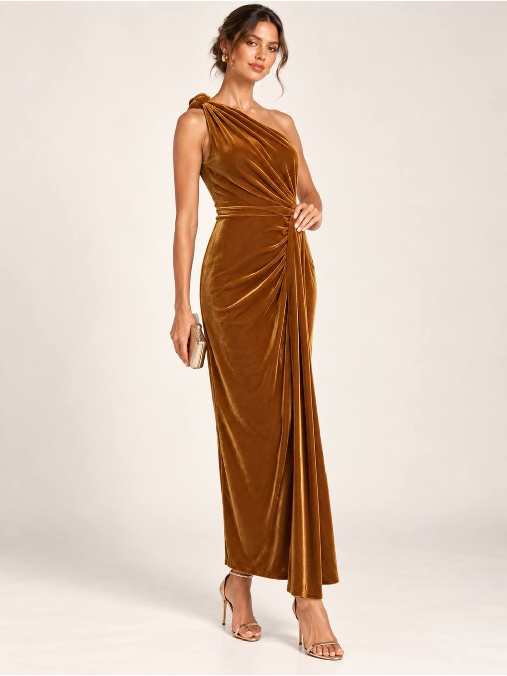 Muse by Marchesa Ayla Velvet Wrap Dress Women's Mustard One Shoulder Size 8